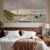 The Seashore at Sainte-Adresse by Claude Monet — three-panel canvas above a bed