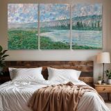 The Seine at Vetheuil by Claude Monet — three-panel canvas above a bed