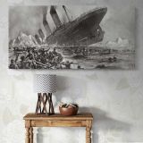 The Sinking of the Titanic by Willy Stower — single-panel canvas above a console table
