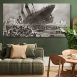 The Sinking of the Titanic by Willy Stower — single-panel canvas above a green sofa