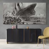 The Sinking of the Titanic by Willy Stower — single-panel canvas above a sideboard