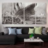 The Sinking of the Titanic by Willy Stower — three-panel canvas arrangement above a sofa