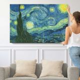 The Starry Night by Vincent van Gogh - single-panel canvas shown with a person for scale