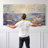 The Sun - Solen by Edvard Munch — single-panel canvas shown behind a standing person for scale