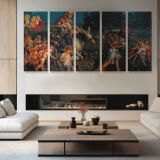 The Triumph of the Innocents by William Holman Hunt — four-panel canvas arrangement in a living room