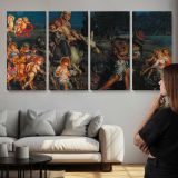 The Triumph of the Innocents by William Holman Hunt — three-panel canvas above a sofa