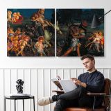 The Triumph of the Innocents by William Holman Hunt — two-panel canvas arrangement in a room