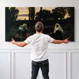 The Vale of Rest by John Everett Millais — single-panel canvas shown behind a standing person for scale