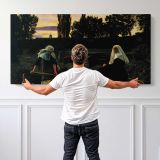 The Vale of Rest by John Everett Millais — single-panel canvas shown behind a standing person for scale