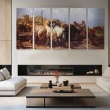 The Watering Place by Adolf Schreyer — four-panel canvas arrangement in a living room