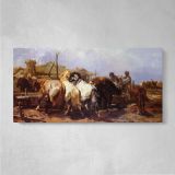 The Watering Place by Adolf Schreyer — single-panel canvas on a pale wall