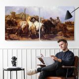 The Watering Place by Adolf Schreyer — two-panel canvas arrangement in a room