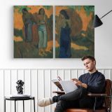 Three Tahitian Women Against a Yellow Background by Paul Gauguin - two-panel canvas displayed in a reading room