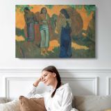 Three Tahitian Women Against a Yellow Background by Paul Gauguin - single-panel canvas displayed above a sofa