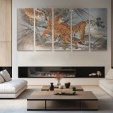 Tigers and Soldiers by Fukuda Hatsujiro — four-panel canvas arrangement in a living room
