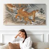 Tigers and Soldiers by Fukuda Hatsujiro — single-panel canvas shown above a seated person
