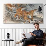Tigers and Soldiers by Fukuda Hatsujiro — two-panel canvas arrangement in a room