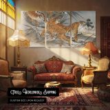 Tigers and Soldiers by Fukuda Hatsujiro — multi-panel canvas in a warmly lit lounge