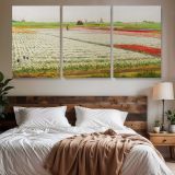 Tulip Fields by Gerrit Willem Dijsselhof — three-panel canvas above a bed