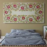 Turkish Pillow Floral Embroidery Pattern by William Morris — single-panel canvas above a bed with blue bedding
