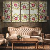 Turkish Pillow Floral Embroidery Pattern by William Morris — three-panel canvas in a lounge