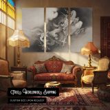 Two Dragons in Clouds , Vintage Japanese Dragon Illustration by Kanō Hōgai - multi-panel canvas displayed in a classic lounge