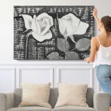 Two Roses by Samuel Jessurun de Mesquita - single-panel canvas shown with a person for scale