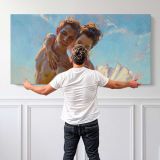 Two Women in Sunlight by Daniel Gerhartz — single-panel canvas shown behind a standing person for scale