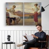 Two Women overlooking the Sea by Frederic Leighton - two-panel canvas displayed in a reading room
