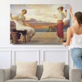 Two Women overlooking the Sea by Frederic Leighton - single-panel canvas shown with a person for scale