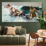 Undertow by Winslow Homer — single-panel canvas above a green sofa