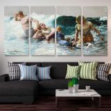 Undertow by Winslow Homer — three-panel canvas arrangement above a sofa
