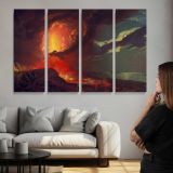 Vesuvius in Eruption, with a View Over the Islands in the Bay of Naples by Joseph Wright of Derby - multi-panel canvas displayed above a sofa