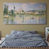 Vetheuil in Summer by Claude Monet — single-panel canvas above a bed with blue bedding
