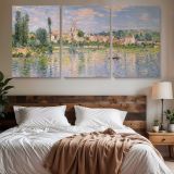 Vetheuil in Summer by Claude Monet — three-panel canvas above a bed