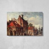 View of Town with Figures in A Sunlit Street by Adrianus Eversen - single-panel canvas displayed above a console table