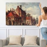 View of Town with Figures in A Sunlit Street by Adrianus Eversen - single-panel canvas shown with a person for scale