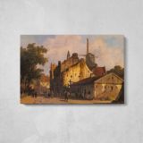 Village Scene with A Windmill by Adrianus Eversen - single-panel canvas displayed above a console table