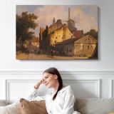 Village Scene with A Windmill by Adrianus Eversen - single-panel canvas displayed above a sofa