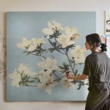 Vintage Japanese azaleas illustration wall art — room mockup view 3