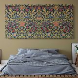 Violet and Columbine Botanical Pattern — single-panel canvas above a bed with blue bedding