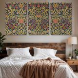 Violet and Columbine Botanical Pattern — three-panel canvas above a bed