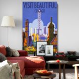 Visit Chicago - Retro Riverfront and Skyline Travel Poster