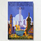 Visit Chicago - Retro Riverfront and Skyline Travel Poster - Image 7