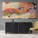 Water Serpents II by Gustav Klimt — single-panel canvas above a sideboard