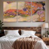 Water Serpents II by Gustav Klimt — three-panel canvas above a bed