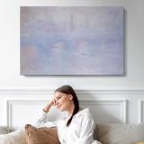 Waterloo Bridge. Effect of Fog by Claude Monet - single-panel canvas displayed above a sofa