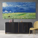 Wheatfield under Thunderclouds by Vincent van Gogh — single-panel canvas above a sideboard