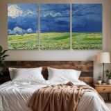 Wheatfield under Thunderclouds by Vincent van Gogh — three-panel canvas above a bed