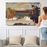Woman and Child at the Water's Edge by Frederic Leighton - single-panel canvas shown with a person for scale